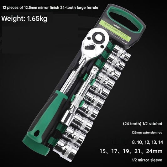 12-Piece 1/2-Inch Drive 24-Tooth Ratchet & Socket Set — High-Carbon Steel, Mirror-Polished