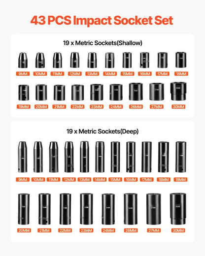 Impact Socket Set 43 Piece Impact Sockets, Standard Socket Assortment, Drive Socket Set 6-Point Sockets Metric 9-30mm (Standard/Deep)
