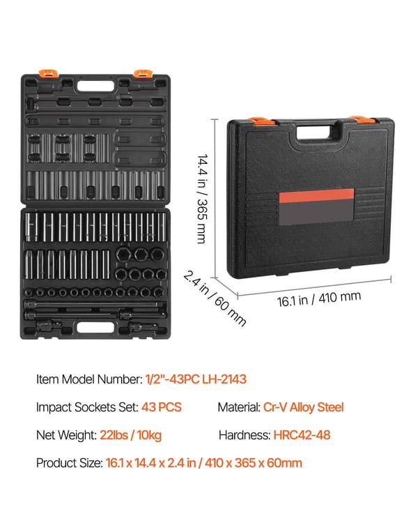Impact Socket Set 43 Piece Impact Sockets, Standard Socket Assortment, Drive Socket Set 6-Point Sockets Metric 9-30mm (Standard/Deep)