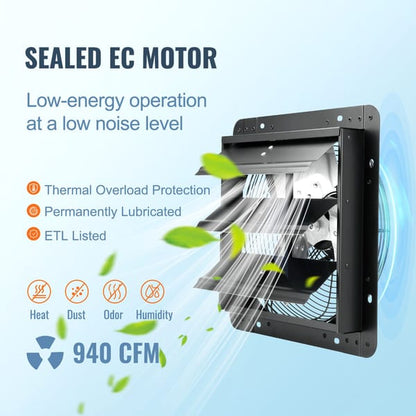Shutter Exhaust Fan, 305 mm /12 inch with Temperature Humidity Controller, EC-motor, 904 CFM, Variable Speed Adjustable Wall Mount Attic Fan, Ventilation and Cooling for Greenhouses, Garages, Sheds
