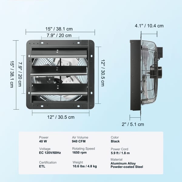 Shutter Exhaust Fan, 305 mm /12 inch with Temperature Humidity Controller, EC-motor, 904 CFM, Variable Speed Adjustable Wall Mount Attic Fan, Ventilation and Cooling for Greenhouses, Garages, Sheds