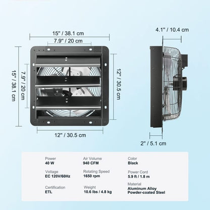 Shutter Exhaust Fan, 305 mm /12 inch with Temperature Humidity Controller, EC-motor, 904 CFM, Variable Speed Adjustable Wall Mount Attic Fan, Ventilation and Cooling for Greenhouses, Garages, Sheds